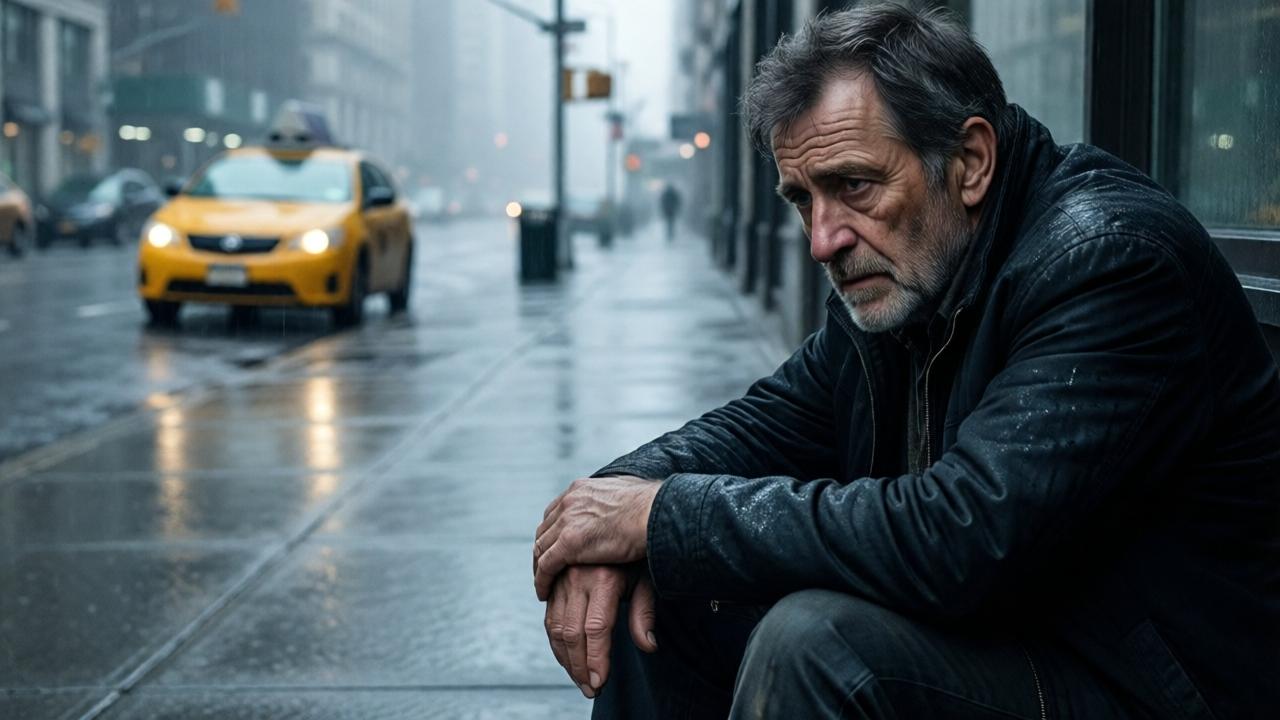 Emotional close-up on the rain-soaked sidewalk of a city. An older man with a wrinkled face and trembling hands sits slumped on the curb, his gaze empty and lost. In the background, a yellow taxi disappears into the fog. The mood is bleak and hopeless, dominated by gray and blue tones. The composition is tight and oppressive, focusing entirely on the man's vulnerability.