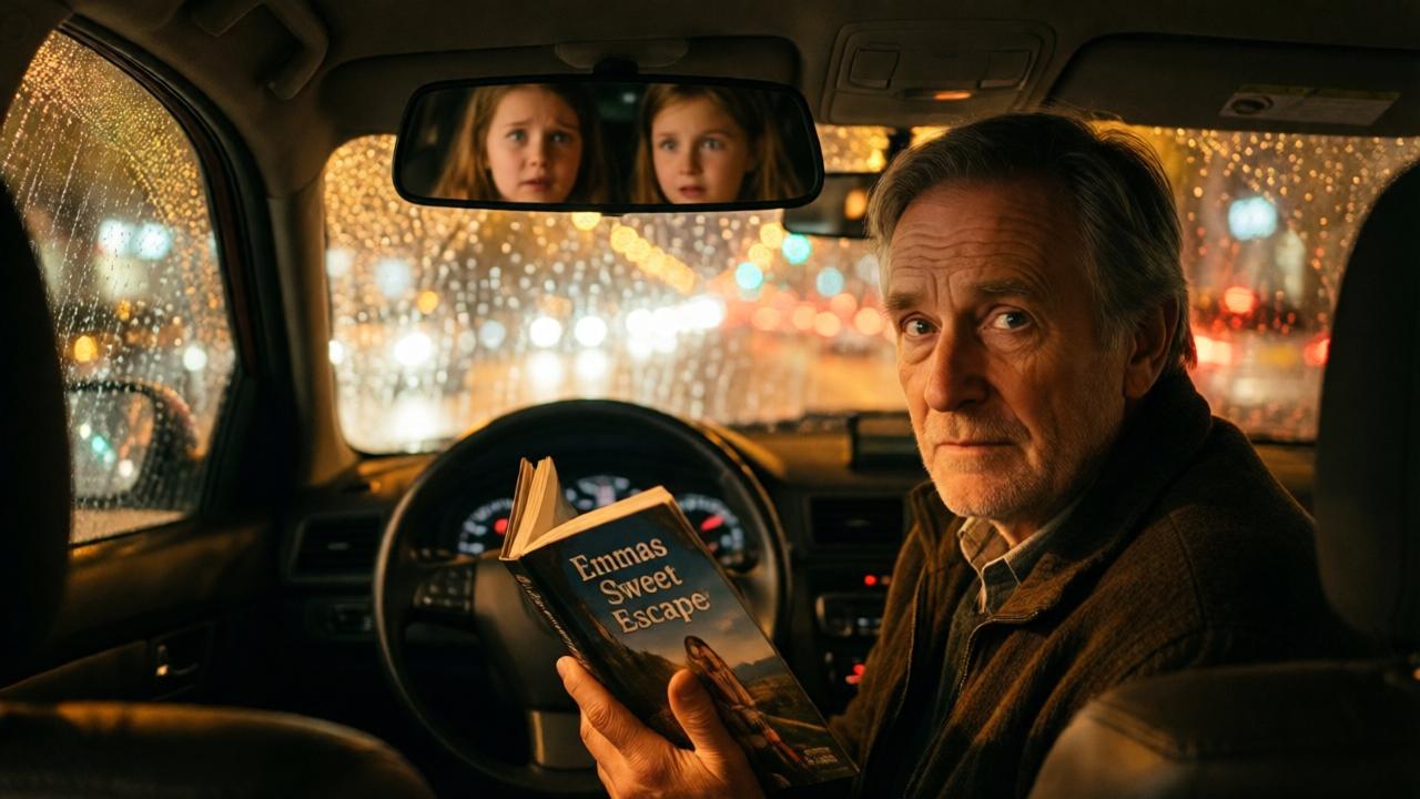 Interior of a warm, cozy car in the rain. Through the fogged windows, blurred city lights can be seen. In the back seat, an older man with trembling hands holds a book titled 'Emma's Sweet Escape'. His face is illuminated in the dim light with wonder and budding memory. In the rearview mirror, the concerned faces of Emma and Lili in the front seat are visible. The colors are warm amber tones, the mood is more intimate and emotionally charged.