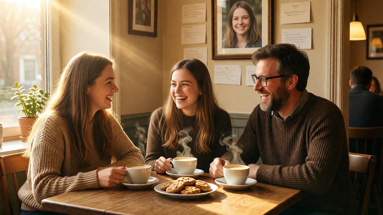 Hopeful, warm image in a sunlit café. Emma, Lili, and Karl sit at a wooden table laughing, in front of them are cups of steaming coffee and a plate of homemade cookies. A framed photo of Clara hangs on the wall, surrounded by thank-you letters. The atmosphere is filled with warmth, community, and new beginnings. Golden rays of light stream through the window, the color palette is friendly with beige, brown, and gold tones. The composition radiates calm and security.