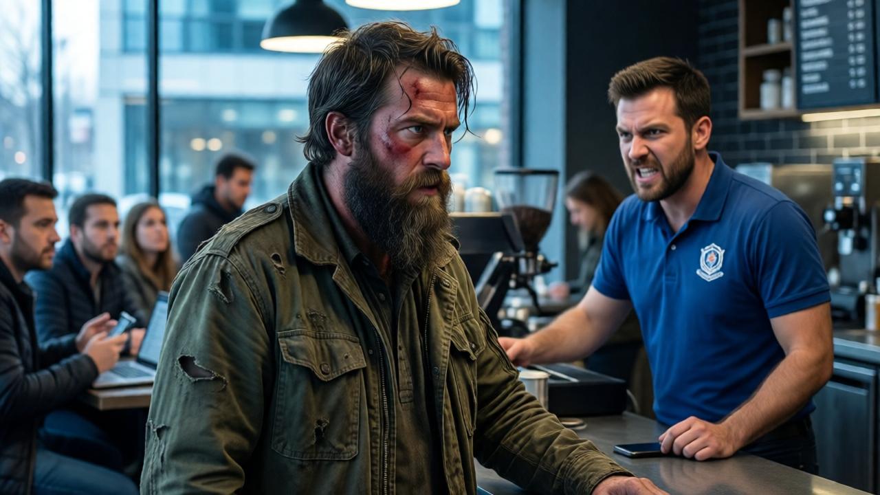 Dramatic interior shot of a modern café in the early morning. In focus is a man in a heavily soiled, torn army jacket with a long, unkempt beard, standing at the counter. Behind the counter, a furious manager in a blue polo shirt with a logo. The light is cold and harsh, the atmosphere tense. In the blurred background, paying customers look up from their laptops and smartphones with mixed expressions. Cinematic style with high contrast, colors: muted brown tones, cool blue, a hint of red anger on the manager's face.