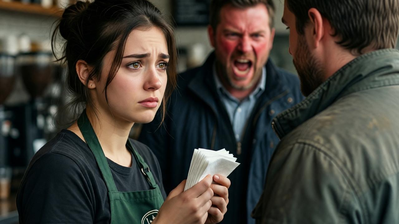 Emotional close-up of a young barista (Sophie, 22) with a concerned, compassionate expression. She holds a stack of napkins and turns away from the furious manager to address the man in the dirty jacket. Her gaze is determined and human. She wears a green apron with the café logo. In the background, the screaming, red-faced manager is only vaguely recognizable as a threatening silhouette. The focus is entirely on Sophie's face and hands. Style: emotional portrait with soft, side lighting that emphasizes her kindness.