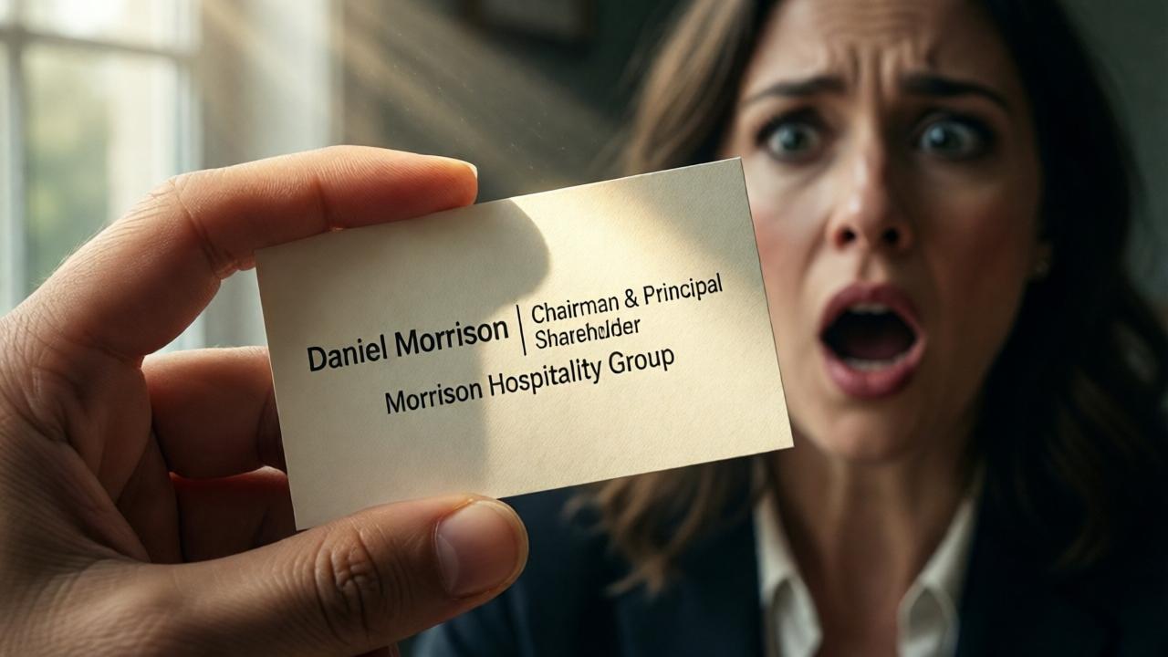 Extreme close-up of an elegant, cream-colored business card in a trembling young hand (Sophie's hand). The card is sharply focused. The text on it is readable: 'Daniel Morrison | Chairman & Principal Shareholder | Morrison Hospitality Group'. In the blurred background, the horrified, pale face of the manager can be guessed, her mouth agape in shock. A sunbeam breaks through a window and falls directly on the card, as if it were glowing itself. Dramatic, theatrical lighting that underscores the significance of the object. Mood: breathless silence before the storm.