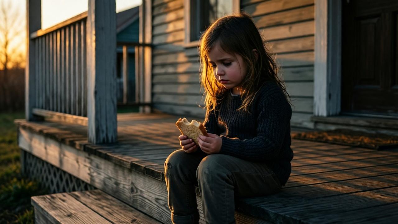 Dramatic photography, dusk. A little girl sits alone on the step of a weathered wooden porch, holding a piece of dry bread. Her face is sad, her eyes are downcast. The warm, golden light of the setting sun casts long, dramatic shadows and contrasts with the coldness of the scene. The focus is on the girl and the bread, the background of the house is blurred and threatening. Style: emotional realism with strong chiaroscuro.