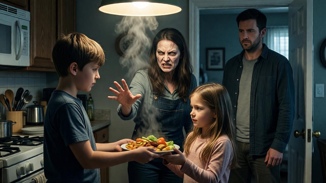 Dramatic interior, kitchen. A boy is handing a little girl a plate of steaming food. In the background stands a woman with a stony, angry face, her hand outstretched as if to intervene. A man (the father) observes the scene with a serious but calm expression in the doorway. The light falls dramatically from the ceiling lamp, casting harsh shadows and underscoring the tense atmosphere. Color palette: muted, cold tones with a warm accent on the food. Style: cinematic, high contrast.