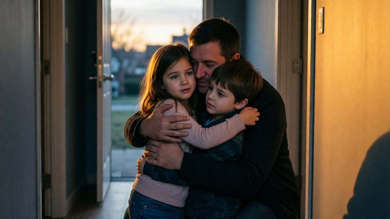 Emotional, warm scene in a hallway with dim evening light. A man kneels and tightly hugs two children, a girl and a boy, who are clinging to him. Their faces show relief and budding security. The front door in the background stands open, letting in the last evening light, bathing the group in a warm, golden glow and creating a strong contrast to the previous coldness. The focus is on the embrace and the expressive hands. Style: emotional realism with soft, hopeful light.