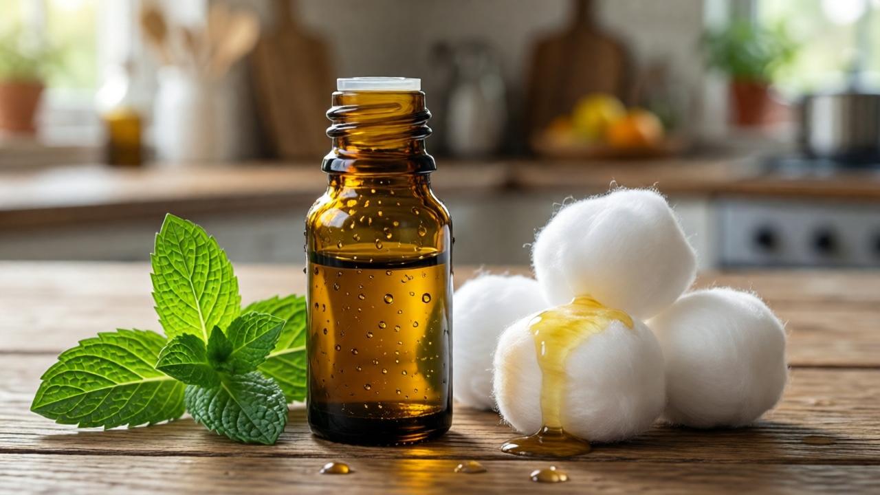 A calm, wide-angle view of a sunlit kitchen corner with a small bowl of peppermint oil-soaked cloths on a windowsill, a pet cat resting safely nearby, conveying a sense of safe, humane pest control.