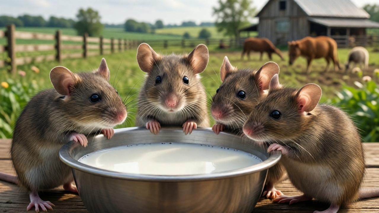 Front view of cute rats around a bowl of milk, with a farm in the background