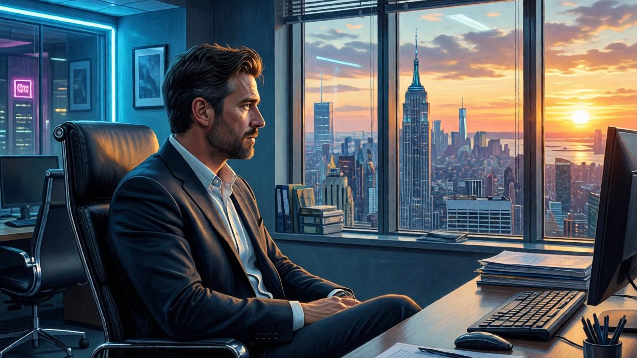 A man sits in a modern office in a thoughtful pose, looking out the window at a bustling city, the cool neon light of the room contrasting with the warm setting sun outside, the mood is melancholic yet hopeful, in the style of a realistic oil painting.