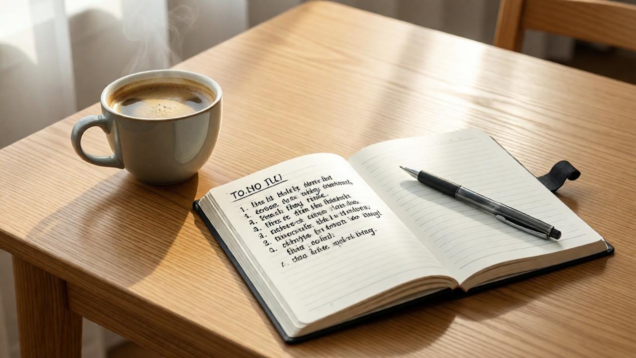 A tidy, well-lit desk in the morning. On the wood, there is a cup of coffee, an open notebook with a short handwritten to-do list, and a pen. The composition is calm and focused, with warm tones and soft, natural light from the side. The style is clean and realistic, conveying a sense of control and clear focus for the day.
