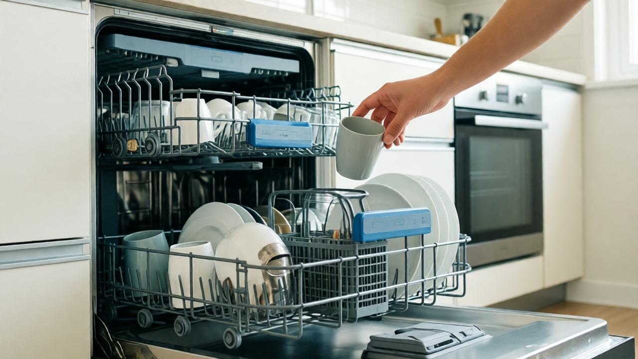 A well-organized, modern kitchen area. In the foreground, there is an open, half-filled dishwasher. A hand is carefully placing a cup and a plate in the upper compartment. The surroundings are tidy, the light is bright and inviting. The image style is lifelike and clear, with fresh and clean colors. The scene symbolizes the immediate completion of small tasks and conveys a sense of order and ease.