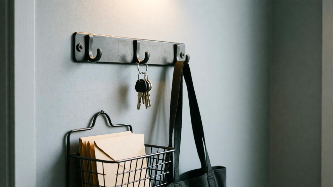 A detailed view of a small, organized area in a hallway. A simple, sturdy metal hook is attached to the wall, holding a keychain and a bag. Below is a small basket for letters. The wall is a light gray, and the light falls softly from above. The composition is minimalist and aesthetically pleasing, embodying the principle 'A fixed place for everything.' The style is modern and calming.