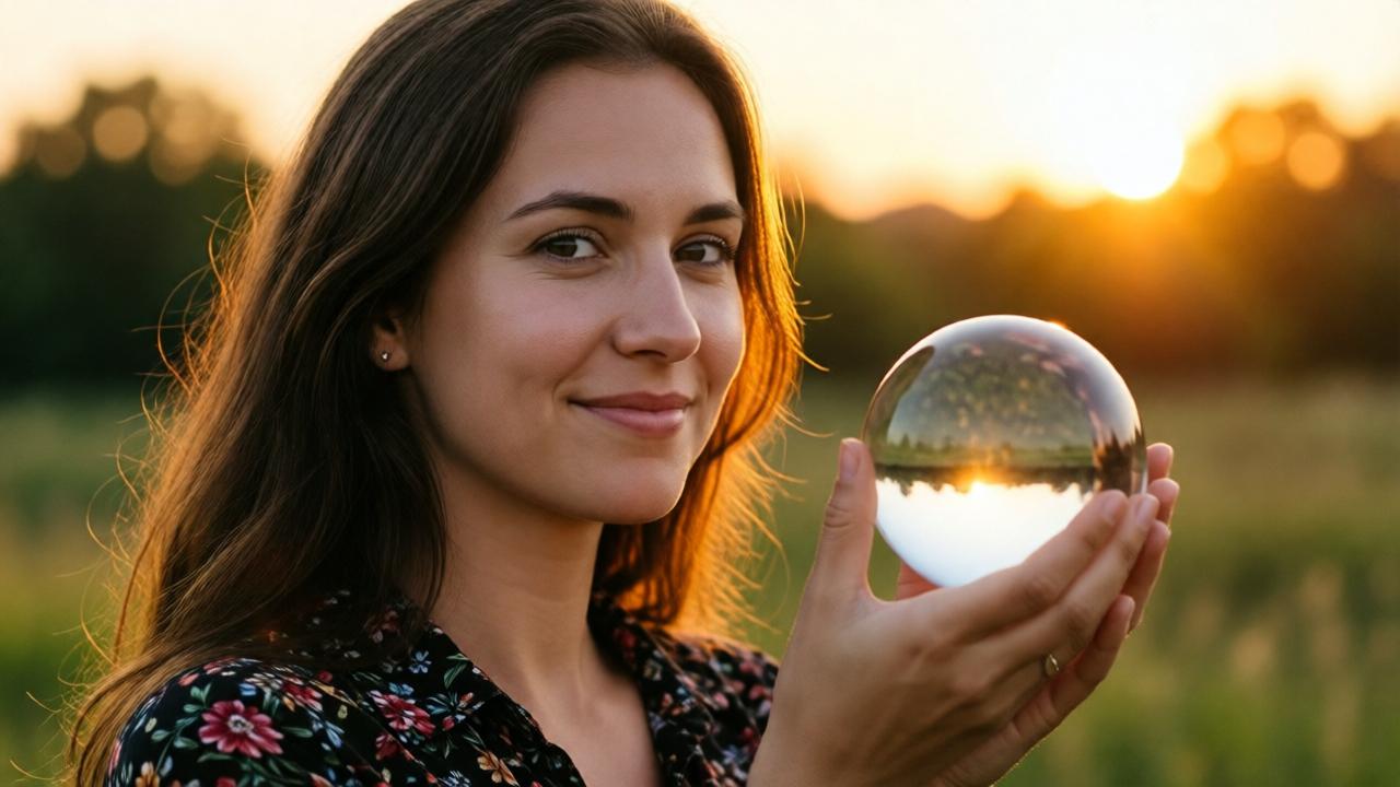 Image of a European woman holding a glass ball at sunset