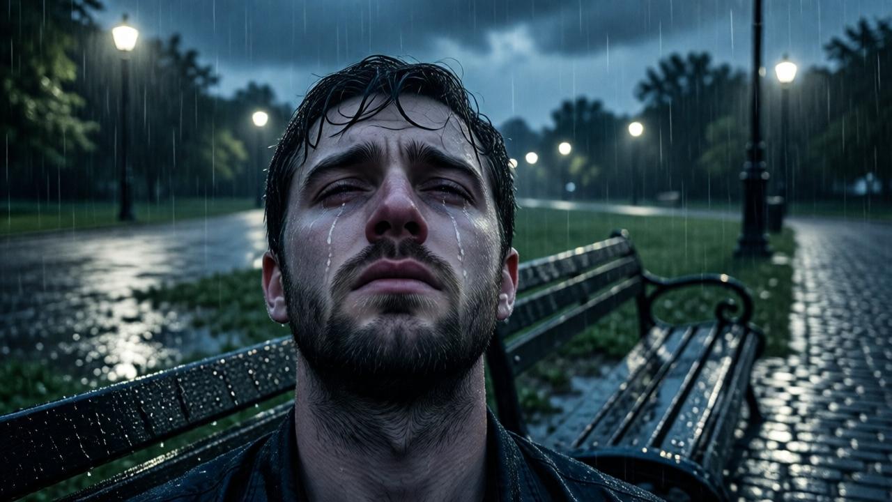 Dramatic close-up of a young man on a wet park bench in pouring rain. His face is raised to the dark, cloud-covered sky, eyes closed, water droplets mixing with tears on his cheeks. The lighting is dim and high-contrast, with scattered light reflections from street lamps on the wet cobblestones. The mood is hopeless and lonely, the color palette consists of cold blue and gray tones. Composition: The man is centrally placed, the empty bench and the rain-soaked park behind him enhance the feeling of isolation.