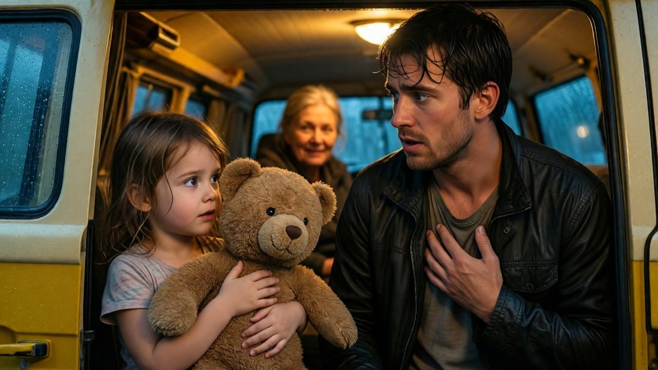 Warm interior view of an old but cozy minivan. A little girl with big eyes is hugging a slightly worn teddy bear. A young man stands soaked in the doorframe, staring in disbelief at the bear, his hand resting on his chest. The light in the van is yellow and soft, contrasting with the cold, blue rain outside on the window. The older woman is seen blurred in the background, smiling knowingly. The mood is emotional and intimate, a moment of shocking recognition. Focus is on the teddy bear and the facial expressions.