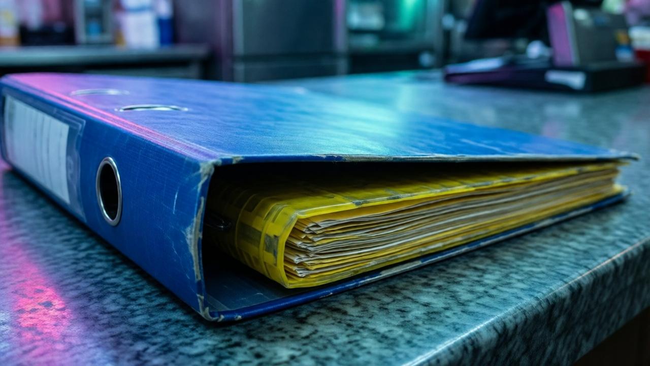 Close-up of a worn blue folder with bent corners and a yellowed plastic cover, lying on a cold bank counter, illuminated by harsh neon light, with no text. The composition is tight and intimate, conveying a sense of fragility.