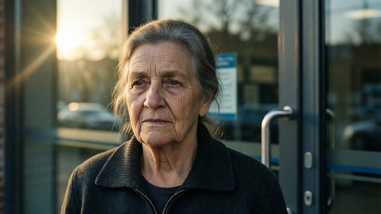 An older woman with a weary but composed expression stands at dawn in front of the glass door of a bank branch. The light falls obliquely through the door, in the style of melancholic photorealism with soft shadows and muted colors.
