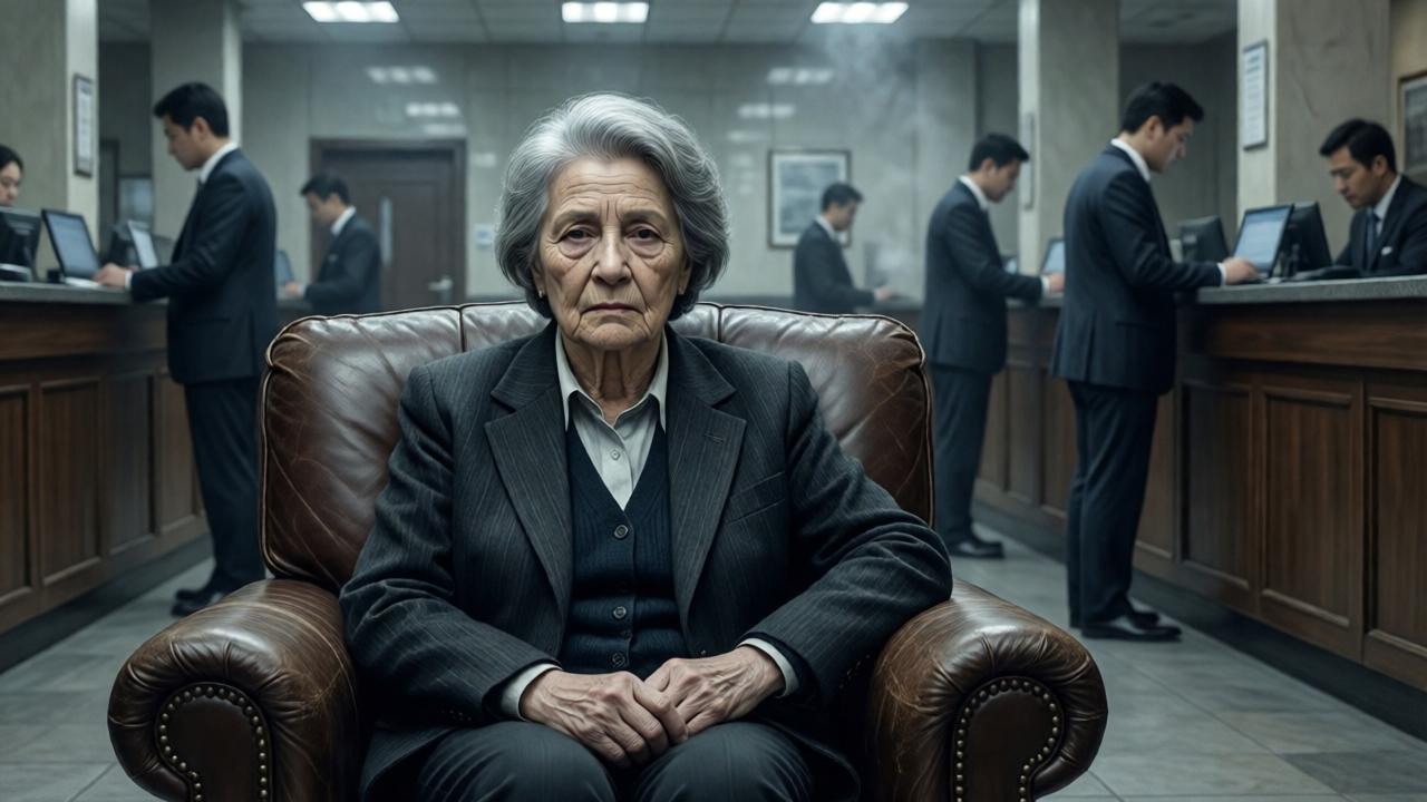 Medium shot of the bank lobby, where an older woman with a weary but composed expression sits alone in a leather chair, surrounded by whispering employees in the background. The atmosphere is oppressive, the color palette consists of cold gray and beige tones in the style of a dark painting.