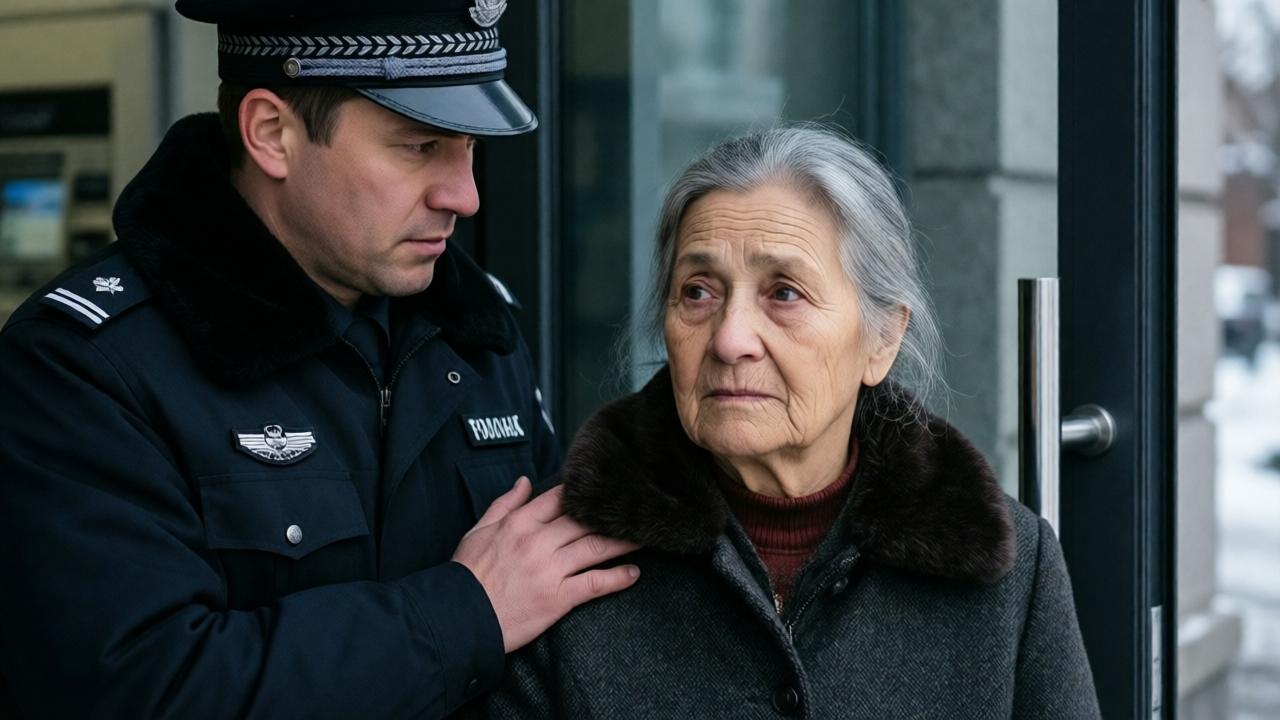 A uniformed guard gently holds an older woman with a weary but composed expression by the shoulder next to the bank door. Their faces are visible in the dim light of a winter morning, reflecting respectful despair and helpless power in their eyes, captured with natural side lighting.