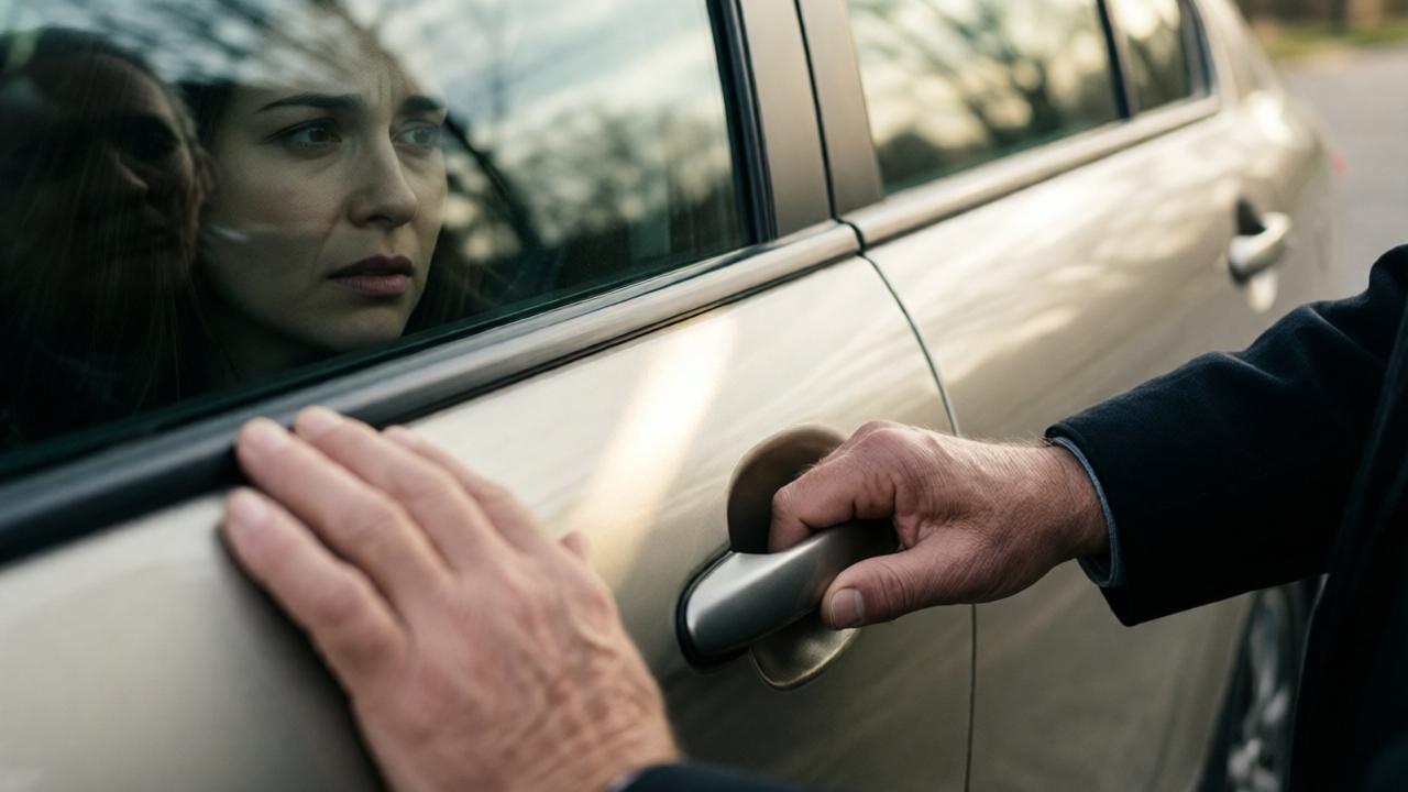 Close-up of Jessica's hands hesitantly grasping the car door handle. Her face is reflected in the side window, mirrored in the glass, with an expression of inner turmoil. The old man's hand is blurred in the foreground. Mood: moment of decision. Style: artistic photography with soft focus and reflections. Color palette: muted beige and gray tones with a beam of light falling on the door handle.