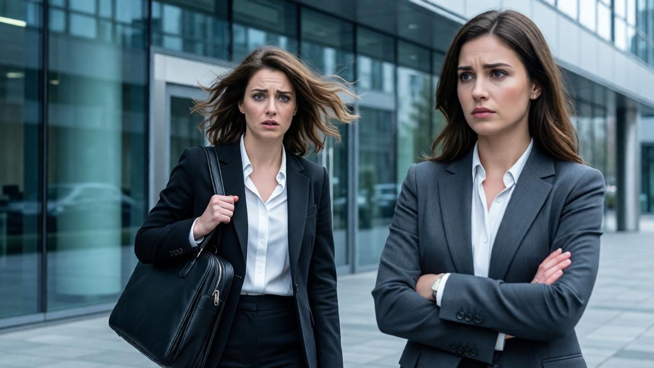 Jessica enters the modern, sterile office building. She looks exhausted, her hair disheveled from running, the briefcase hanging limply from her shoulder. In the foreground stands her friend Sarah with crossed arms and a reproachful expression. Architectural style with lots of glass and cold light. Colors: cool gray, white, and chrome, contrasting with Jessica's business attire and her despair.