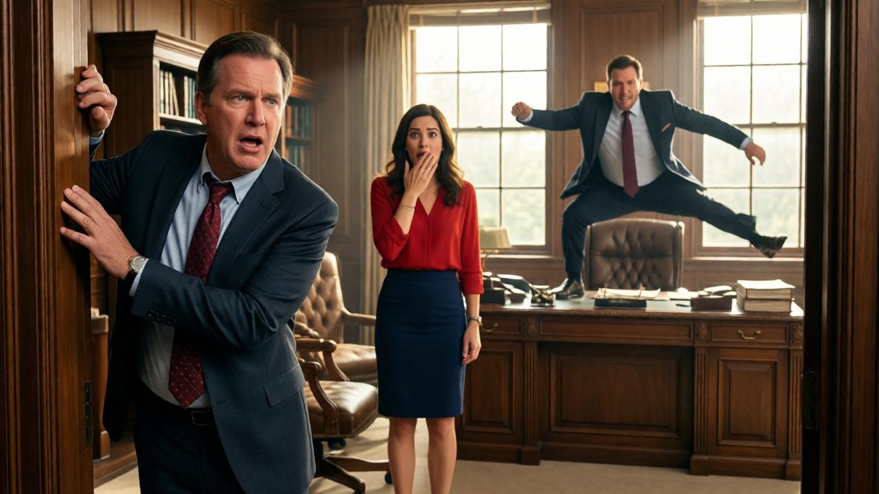 Dynamic scene in the boss's office. The older man, still out of breath, leans against the door frame with one hand. In the background, Mr. Thorne jumps up from his massive desk. Jessica stands in the middle of the room, completely stunned, one hand over her mouth. Dramatic light falls through the large windows. Style: vibrant, cinematic shot. Colors: warm wood of the office, contrasted with the bright colors of the characters' clothing.