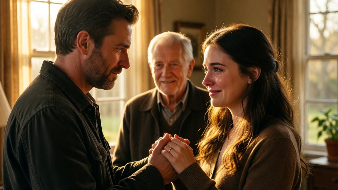 Emotional culmination: Mr. Thorne stands before Jessica, his expression changing from cold to deep gratitude and calm. He extends his hand to her. Jessica tentatively smiles, tears glistening in her eyes. The old man in the background smiles. The warm, golden light of the late afternoon sun floods the room, enveloping the group. Style: heartwarming and full of hope, close-up shots of faces and hands. Colors: warm, golden tones dominate the image.