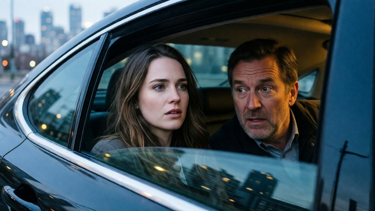 Dramatic close-up of Jessica in the back seat of a modern Uber car, the window is rolled down. An older man with a frantic, desperate expression leans into the window. His coat is slightly disheveled. In the background, a blurry cityscape in the early morning hours. Style: realistic photography with high contrast, focus on emotional expressions. Colors: cool blue and gray tones, accented by the warm interior light of the car.