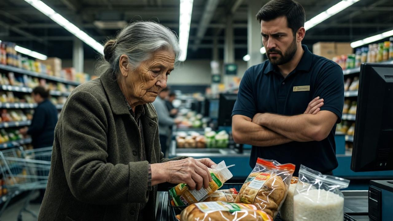 An older woman with slightly trembling hands stands under bright supermarket lights at a self-checkout, slowly scanning basic groceries like bread and rice, while a stern employee with crossed arms accuses her – the scene is captured in a realistic, dark style with tense atmosphere and sharp shadows emphasizing the woman's humiliation and isolation.