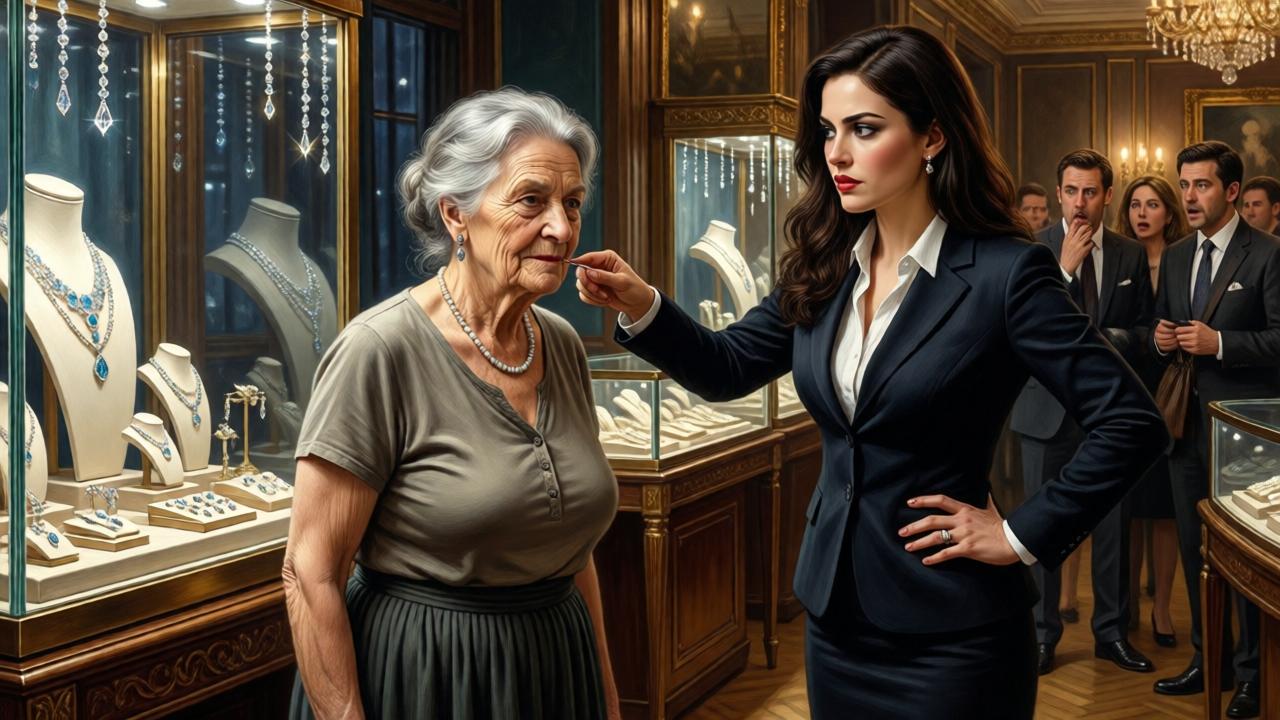 An older lady in plain clothing stands in front of a luxurious jewelry boutique with sparkling windows, while an arrogant saleswoman looks at her dismissively, shocked customers can be seen in the background, in the style of a dramatic oil painting with high-contrast lighting and a tense atmosphere.