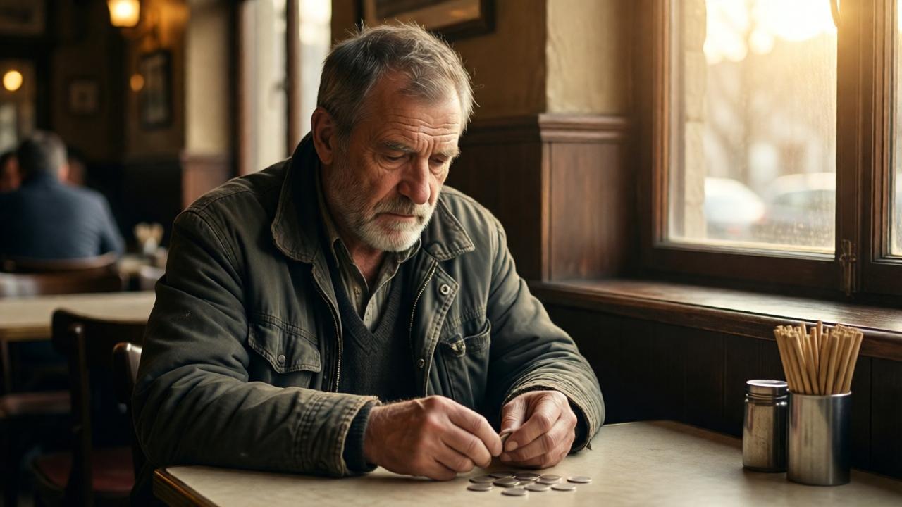 An older gentleman in a worn jacket sits alone at a table in a brightly lit restaurant, slowly counting coins in his hand, while the warm window light captures his contemplative mood and the calm atmosphere of the establishment, in the style of a realistic painting with soft shadows and focused composition.