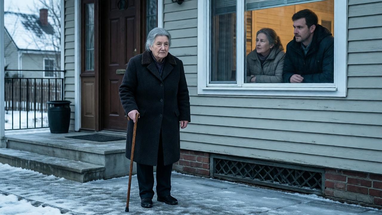 An elderly woman with a cane stands on an icy sidewalk in front of a house, while her daughter and son-in-law watch her through a window, dramatic winter atmosphere with icy ambiance and cold light, in the style of an emotional film drama.