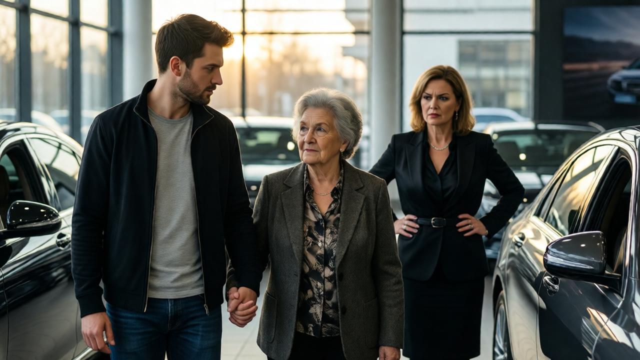 Dramatic interior shot of a luxurious car dealership showroom. In the foreground, a young, modestly dressed man is guiding his older mother by the arm. In the background, slightly out of focus but recognizable, an arrogant-looking, expensively dressed middle-aged woman is observing them with a contemptuous gaze. Dramatic light falls through large windows, reflecting off the shiny bodies of luxury cars. Mood: tense, contrasting between modesty and arrogance. Photorealistic, cinematic lighting.