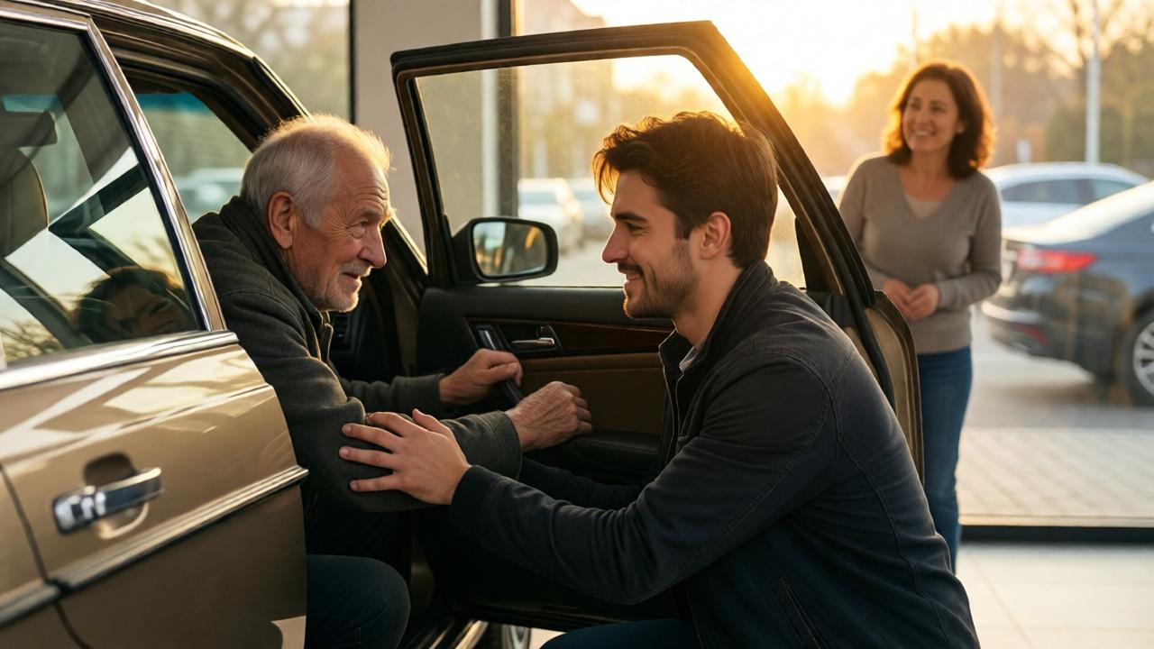 Emotional close-up: The young man kneels beside the open door of an older car, helping a frail older gentleman with loving care to get in. In the background, through the dealership's window, his mother can be seen watching with a touched, proud smile. The light of the setting sun bathes the scene in warm gold. The contrast between the simple, kind gesture and the luxurious surroundings is central. Style: emotional storytelling, warm color palette, focus on facial expressions.