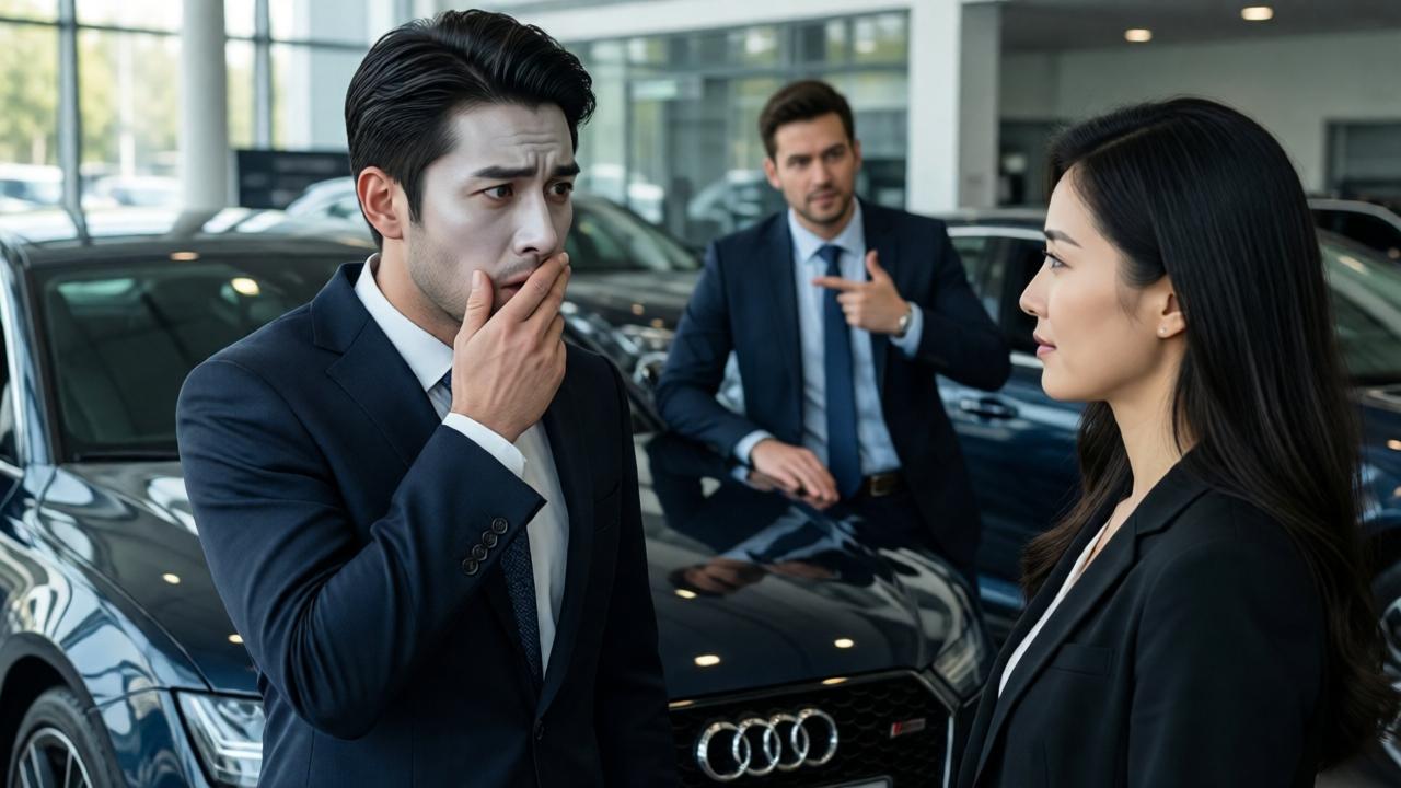 Dramatic moment of revelation in the car dealership. The arrogant customer in an expensive suit stands with a pale, shocked face, a hand pressed to her mouth. In focus is the proud mother of the young man, who stands before her with calm dignity. In the background, the young man, now recognizable as a successful entrepreneur, leans casually against the shiny Audi RS7. The branch manager gestures decisively towards the door. Mood: final justice, theatrical lighting illuminating the shame of one and the dignity of the other. Cinematic, high contrast.