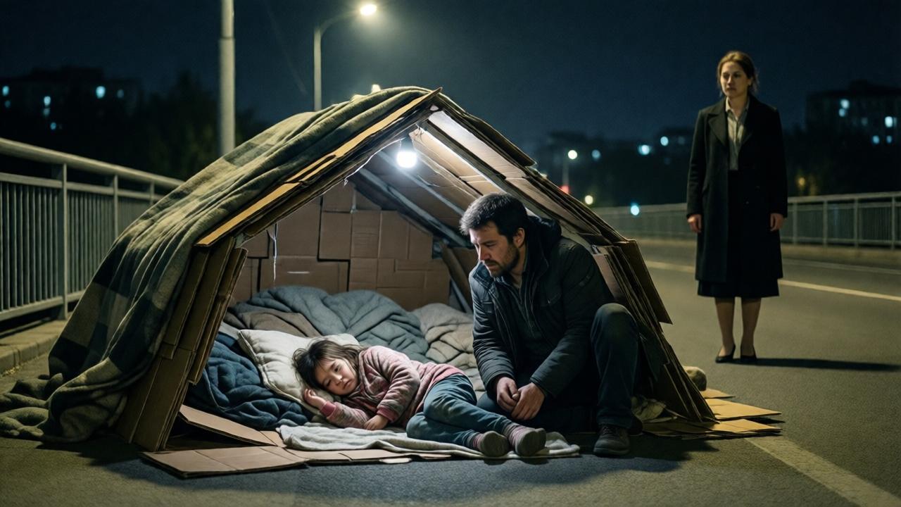 Night scene under an urban bridge. A half-decayed shelter made of cardboard and blankets, illuminated by the pale light of a streetlamp. A man kneels beside a small girl lying on a thin blanket. Both are poorly dressed, their faces showing exhaustion and cold. In the background, a well-dressed woman stands in the shadows, observing the scene. Dramatic lighting with strong contrasts between light and shadow, melancholic mood, photographic realism with emotional depth.