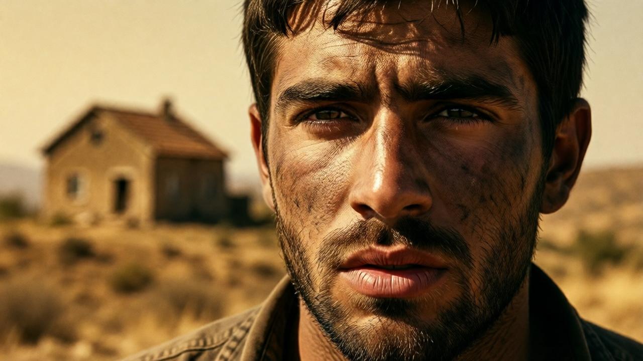 Dramatic close-up of a young man with a dust-smudged face and cracked lips. The blazing midday sun casts harsh shadows on his exhausted features. In the blurred background, the silhouette of a lonely house on a hill can be seen. The style is realistic with a strong contrast between light and shadow, the color palette is dipped in dusty ochre and burnt umber tones. The composition emphasizes his isolation and thirst.