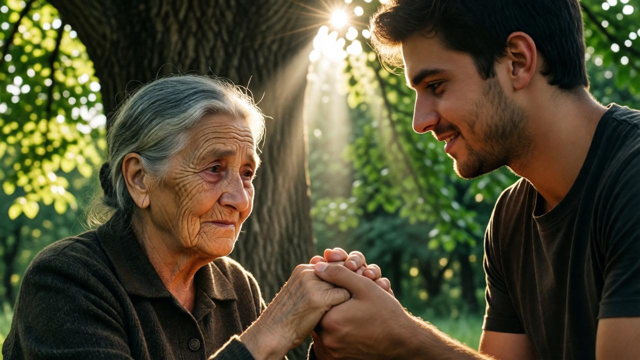 Emotional two-person shot under the leafy canopy of the old tree. The old woman with a gentle face marked by a thousand stories holds the hand of the young man. A beam of sunlight breaks through the leaves and illuminates their joined hands. Her expression is a mix of deep sadness and tender smiling. Style: emotional realism with warm, golden light. Colors: earthy tones, the green of the leaves, the contrast between her wrinkled and his young skin. The composition is intimate and empathetic.