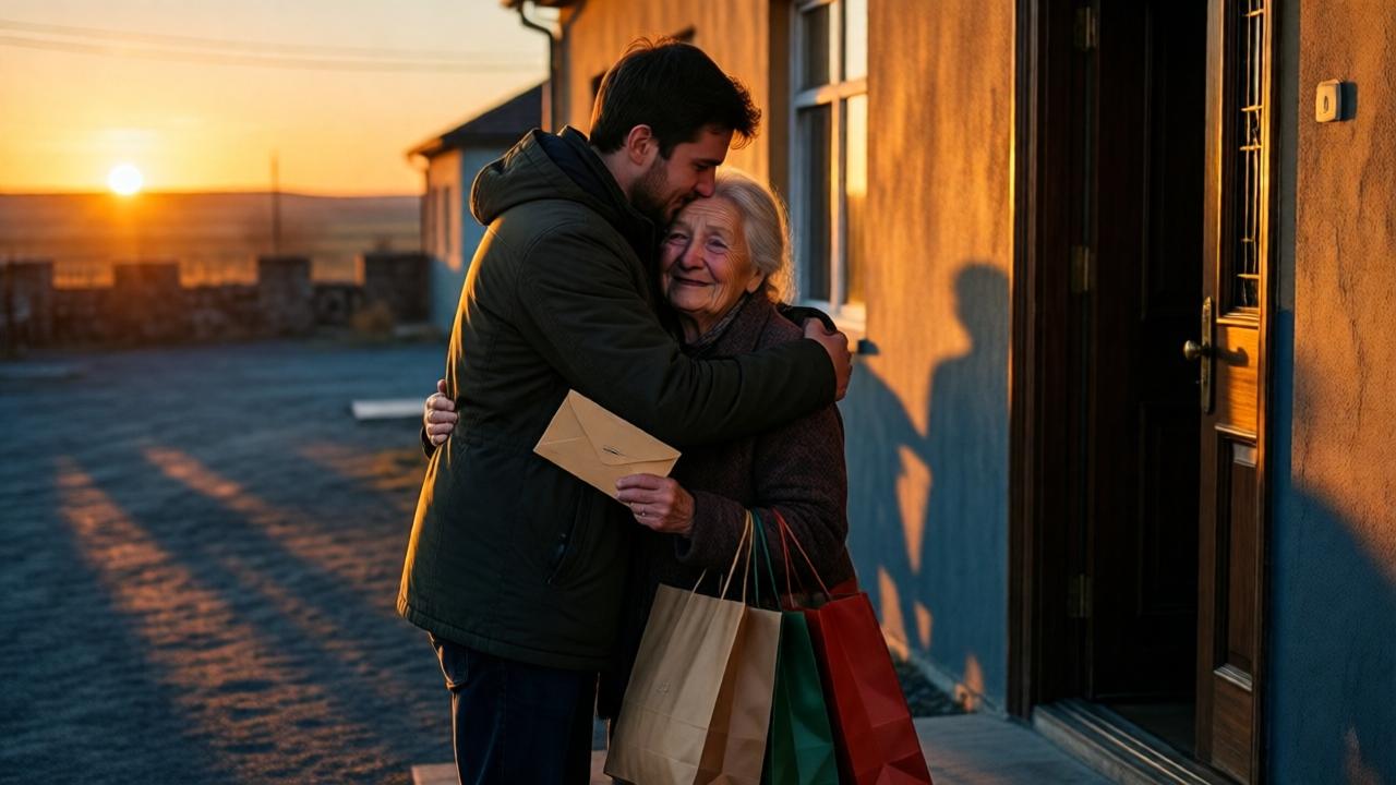 Dramatic farewell moment at sunset. The young man embraces the crying but happily smiling old woman in front of her door. In her hand, she holds the envelope, at her feet stand the full shopping bags. The long shadows of the evening sun stretch across the yard, the light is warm and golden. Style: cinematic, emotionally charged. Colors: deep orange, gold, and long blue shadows. The composition tells of farewell, connection, and the hope of reunion, set in the vast, lonely landscape.