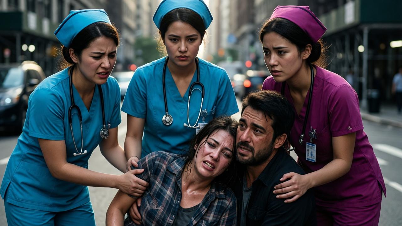 Dramatic close-up on an urban street. Three nurses in bright uniforms stand in a semicircle around a writhing, sweaty woman on the ground, supported by a desperate man. The faces of the nurses show different emotions: disgust, indifference, and compassion. The light is harsh and contrasting, the background blurred to enhance the emotional intensity. Cinematic style, deep shadows, realistic details.