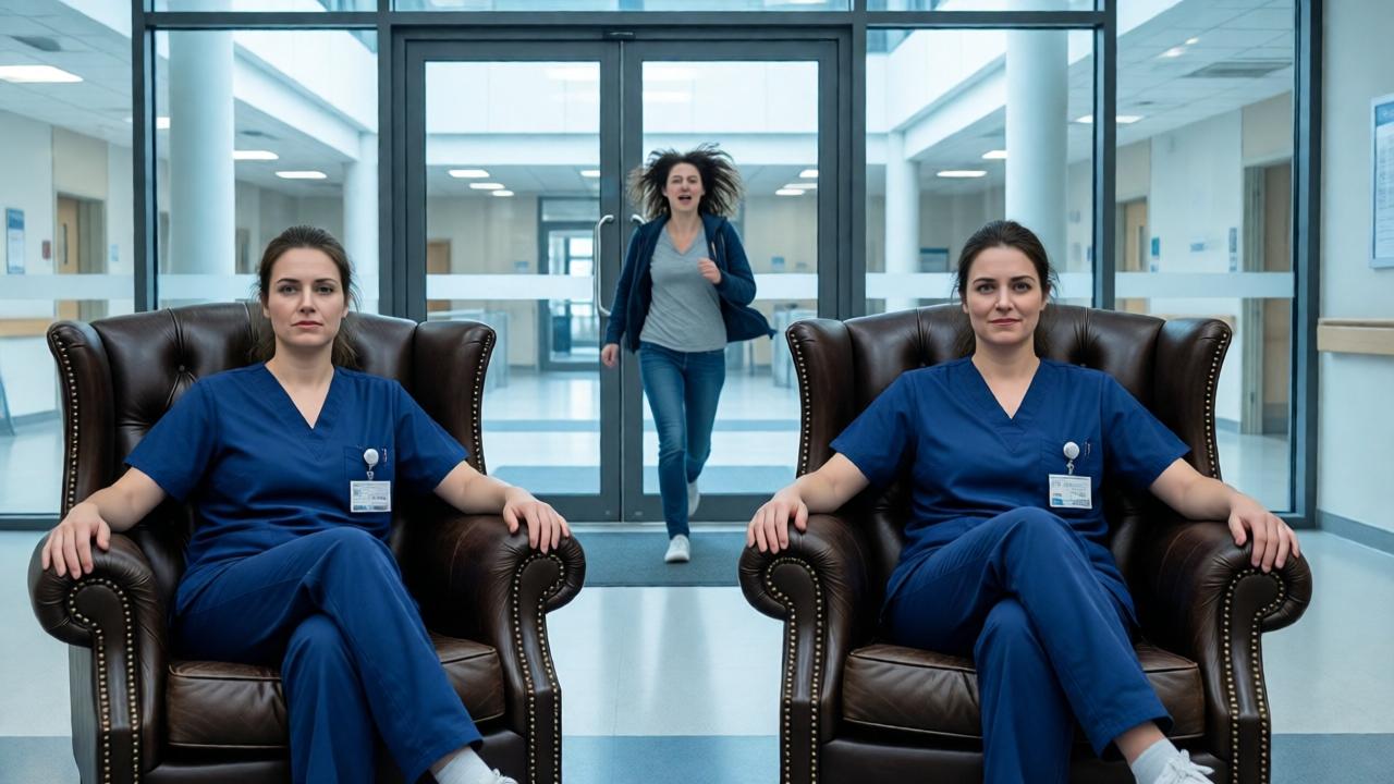 Two nurses sit stiffly and self-satisfied in elegant leather chairs in the brightly lit, sterile reception hall of a modern hospital. Through the large glass door in the background, a third, breathless woman (Clara) can be seen rushing in, her hair disheveled, her clothing in disarray. The contrast between the perfect, cold atmosphere of the lobby and Clara's emotional, messy arrival is striking. Cool, clinical light, symmetrical architecture.