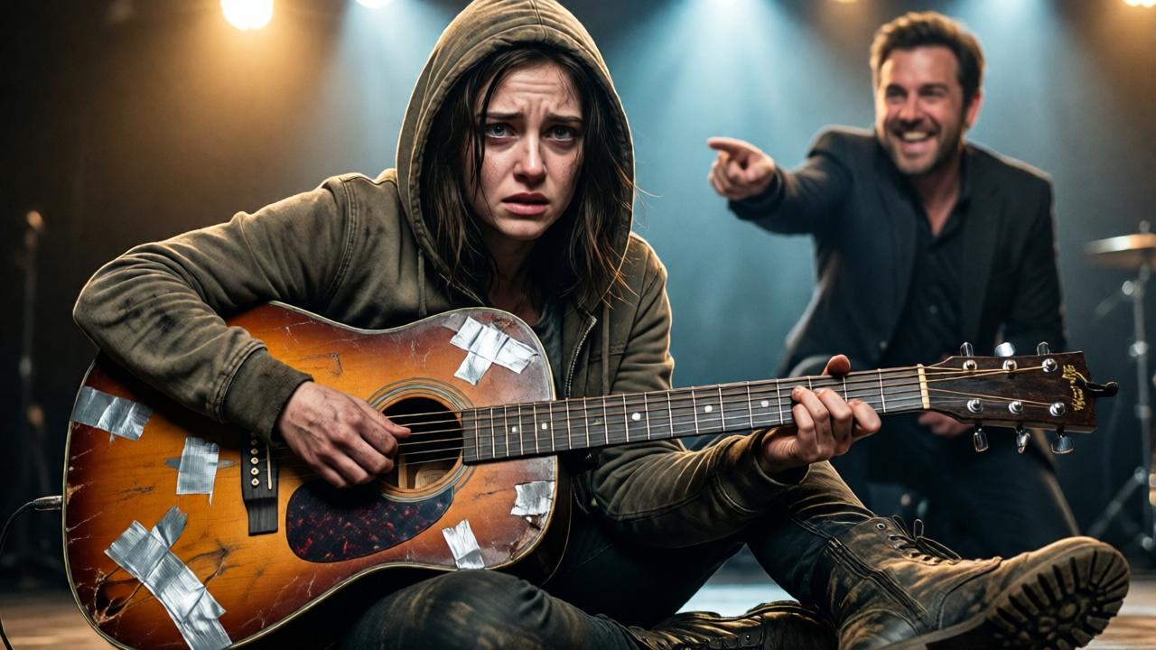 Dramatic close-up of a young woman, Lena, on a brightly lit stage. She wears a stained hoodie and muddy boots, her face pale and marked by fear. She clutches a completely battered, silver-taped Western guitar like a lifebuoy. In the background, the blurred, grinning host can be seen, pointing at her with an outstretched finger. The light is harsh and contrasting, the mood is oppressive and humiliating. Cinematic style, deep shadows, warm stage lights against cool blue tones in the background.