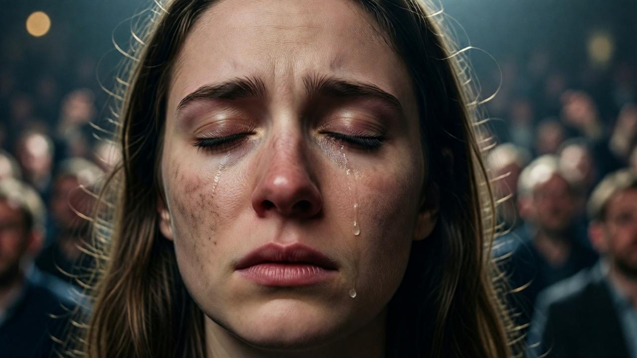 Extreme close-up of Lena's face, eyes closed. A single tear makes its way through the dust on her cheek. Her expression has shifted from fear to deep, painful concentration. In the blurred background, the roaring, expectant audience is only recognizable as spots of color and light. The light now comes softer from above, like a lonely spotlight isolating only her. The focus is entirely on the emotional transformation in her face, the moment before the first note cuts through the silence. Dramatic, cinematic, emotionally charged.