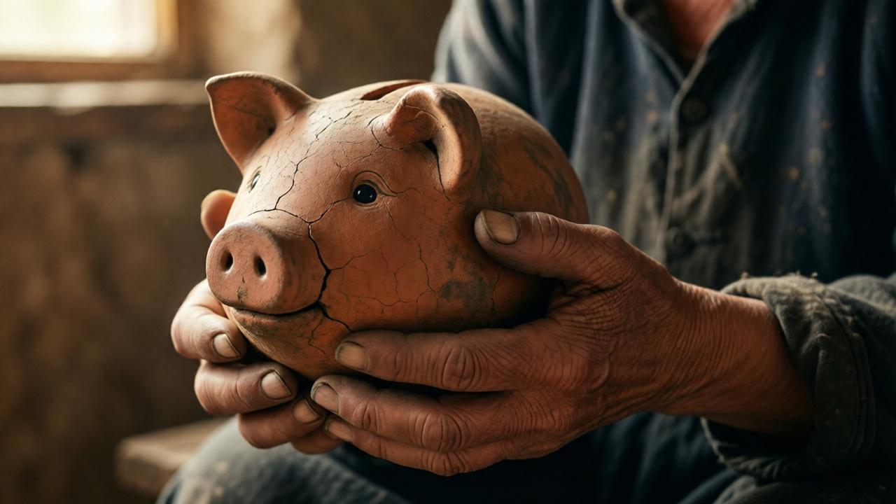 Dramatic close-up of the hands of an old farmer woman tenderly holding a small, worn clay piggy bank. Her hands are marked by dirt and labor, with visible veins and slight scars. The piggy bank is held against a blurred background suggesting a modest, rural living space. The light falls warm and soft from a window, emphasizing the cracks in the porcelain and the weariness in her hands. The style is photorealistic with high emotional impact, color palette in earthy, muted tones.