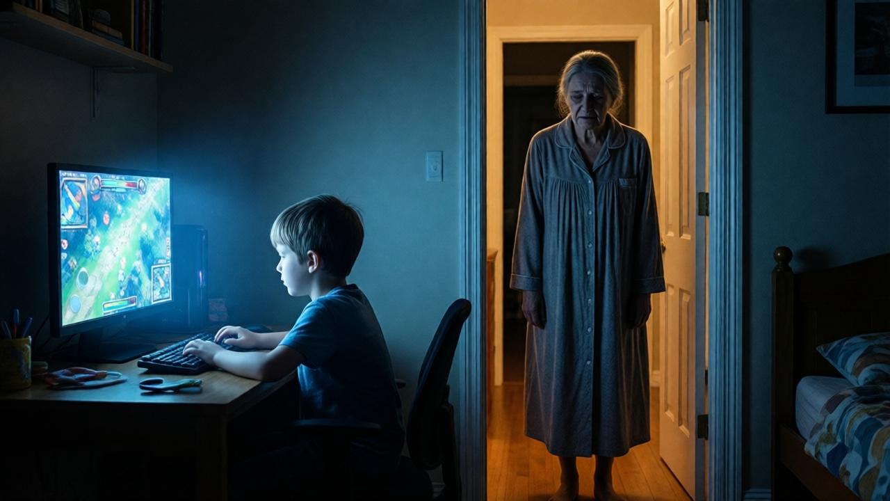 Dramatic scene in a dark children's room, illuminated only by the cold, bluish light of a computer screen. A boy sits with his back to the camera, focused on the game. In the doorframe stands the shadowy silhouette of his grandmother in a long nightgown, her face marked by pain and confusion. The contrast between the bright, digital light and the warm darkness of the hallway is stark. Cinematic style with high contrast, focusing on the emotional expression of the grandmother. The composition emphasizes the isolation and the rift between the two.