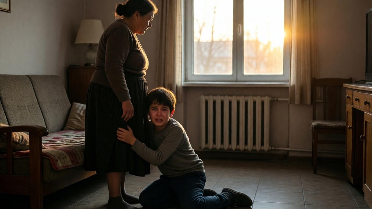 Emotional key scene: A boy kneels desperately on the floor of a simple living room, clinging to his grandmother's skirt. His face is twisted with fear and regret. The grandmother stands upright and rigid, looking past him out the window. Her expression is a mix of endless pain and iron determination. The light of the setting sun streams through the window, bathing the scene in warm, golden light, contrasting with the coldness of the situation. Photorealistic, focusing on the body language and tear-filled eyes of the boy.