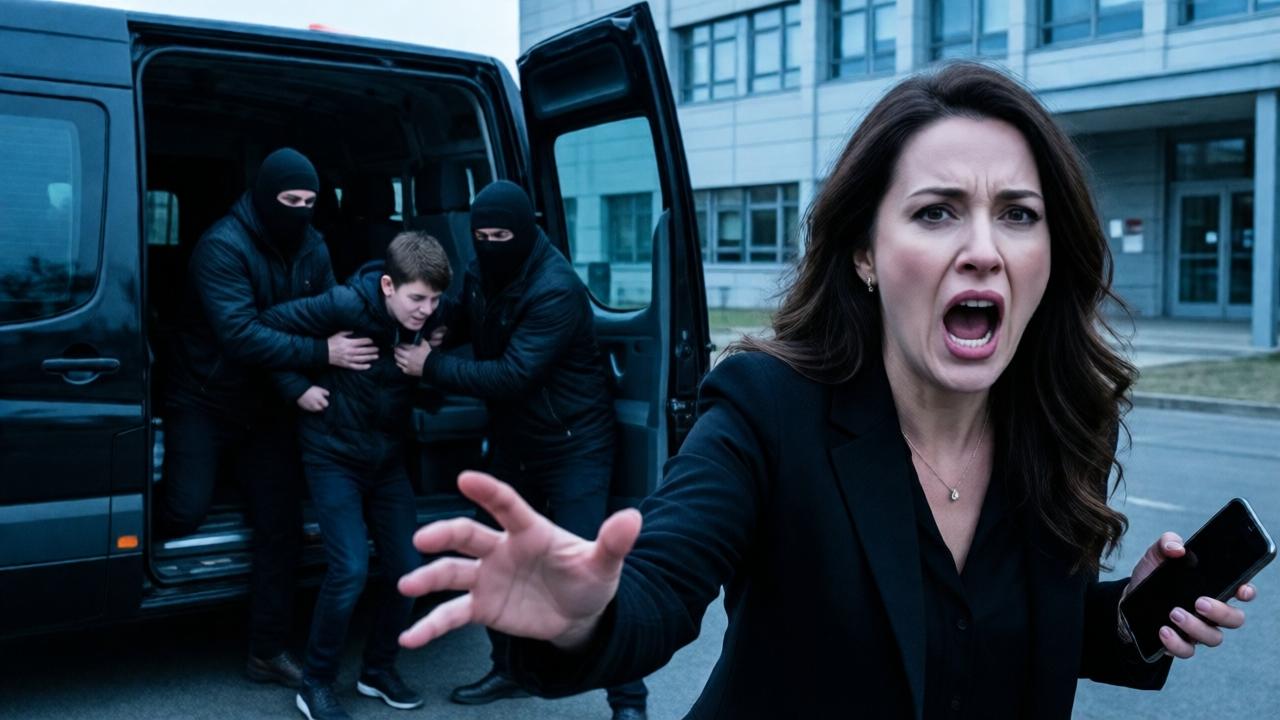 A high-drama scene in cold, bluish colors. In front of a modern school, two masked men in black clothing are grabbing a boy and brutally pulling him into the open back door of a black van. The mother, an elegant woman, is seen in the foreground, her mouth open in a silent scream, one hand reaching into the void for her thrown-away phone. The composition is dynamic and shaky, as if captured in motion. Style: Tension-filled crime look with deep shadows and sharp focus on the emotions in the mother's face.