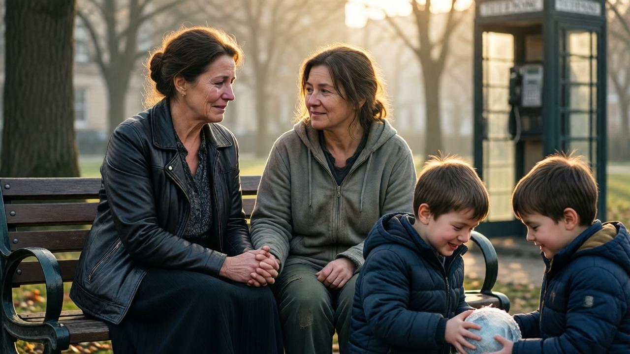 An emotional, calm scene in warm morning light. On a park bench, two women sit next to each other: the elegant mother, her face still marked by tears but soft, and the homeless mother in simple clothing. They are holding hands. In the foreground, the two boys are peacefully playing with a ball, the ice is broken. In the background, the phone booth is visible. The style is hopeful, almost impressionistic, with soft focus transitions and a feeling of peace and reconciliation after the storm.