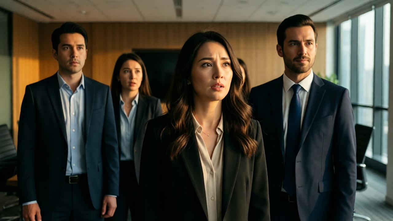 Dramatic scene in a modern conference room. Several people are standing in the room. A woman in the foreground looks surprised and relieved. Two other people in the background look astonished. A person in a suit stands calmly beside them. Warm light falls on the woman in the foreground, while the others are in shadow. Cinema-style, strong contrasts, emotional facial expressions, realistic details.