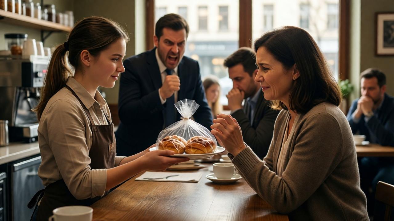 A young barista named Emma hands a plate of carefully wrapped pastries to a modestly dressed woman with trembling hands over the counter of a warmly lit café, while an angry manager screams in the background and other guests sit in stunned silence – in the style of emotional photorealism with soft, natural window light and a central composition that captures kindness and conflict.