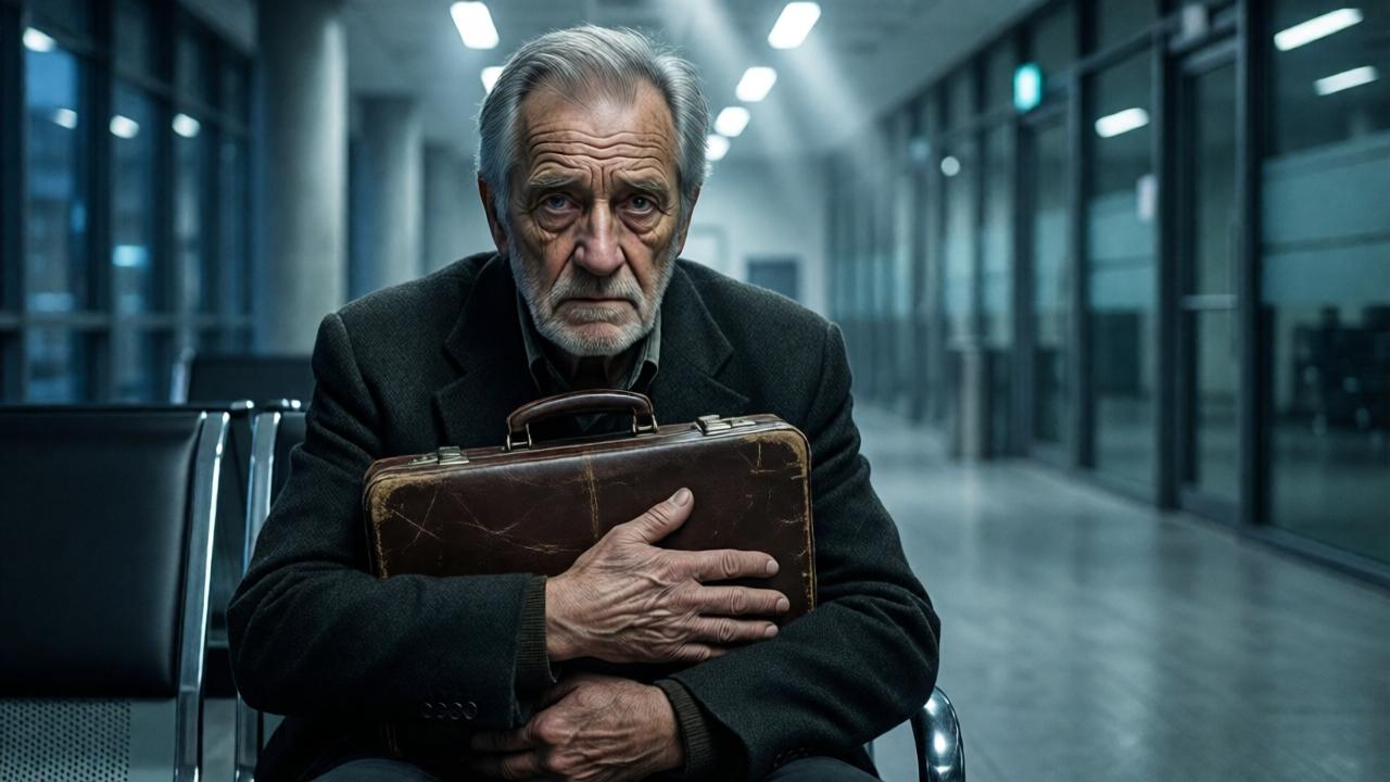 Dramatic close-up of an older man sitting on a cold, modern bench in a sterile office foyer. He clutches a worn briefcase to his chest like a treasure. His face is marked by deep wrinkles and silent despair, reflecting broken hopes in his eyes. The light falls harshly from above, casting long shadows and emphasizing his loneliness. The surroundings are cool, with glass walls and metallic surfaces contrasting his vulnerability. Style: dramatic realism, high contrast, emotional depth of field.